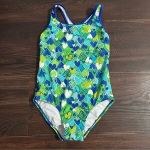 Girls size 10 Speedo Blue and Green One Piece Swimsuit with Hearts Pattern